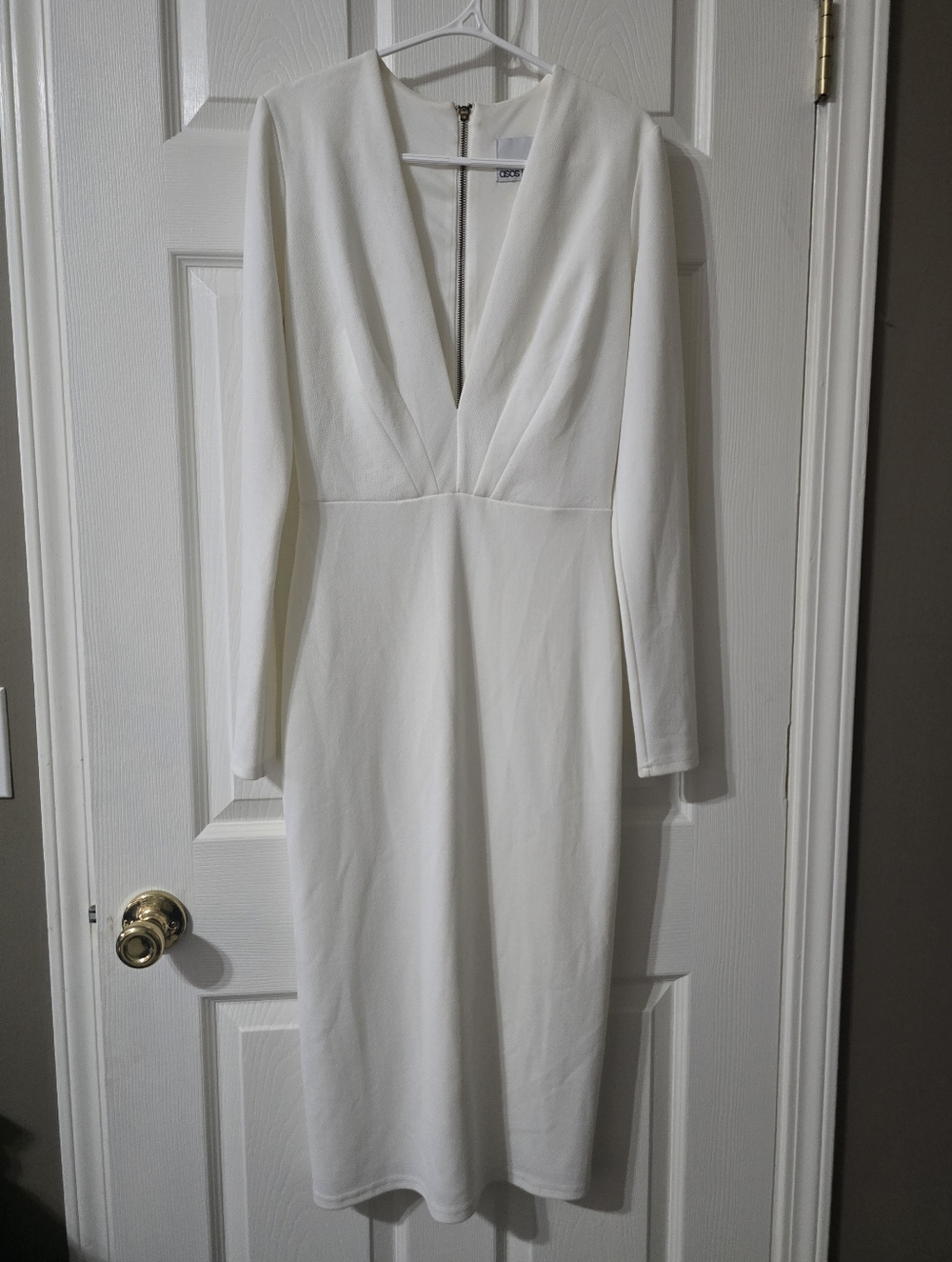 ASOS Tall Plunging V-Neckline Long Sleeve Fitted Ivory Midi Dress, Fully Lined.